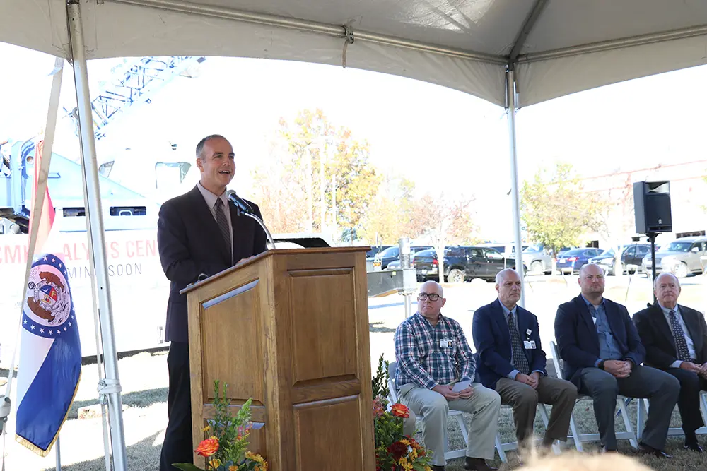 CEO Michael Calhoun speaking at the dialysis center groundbreaking